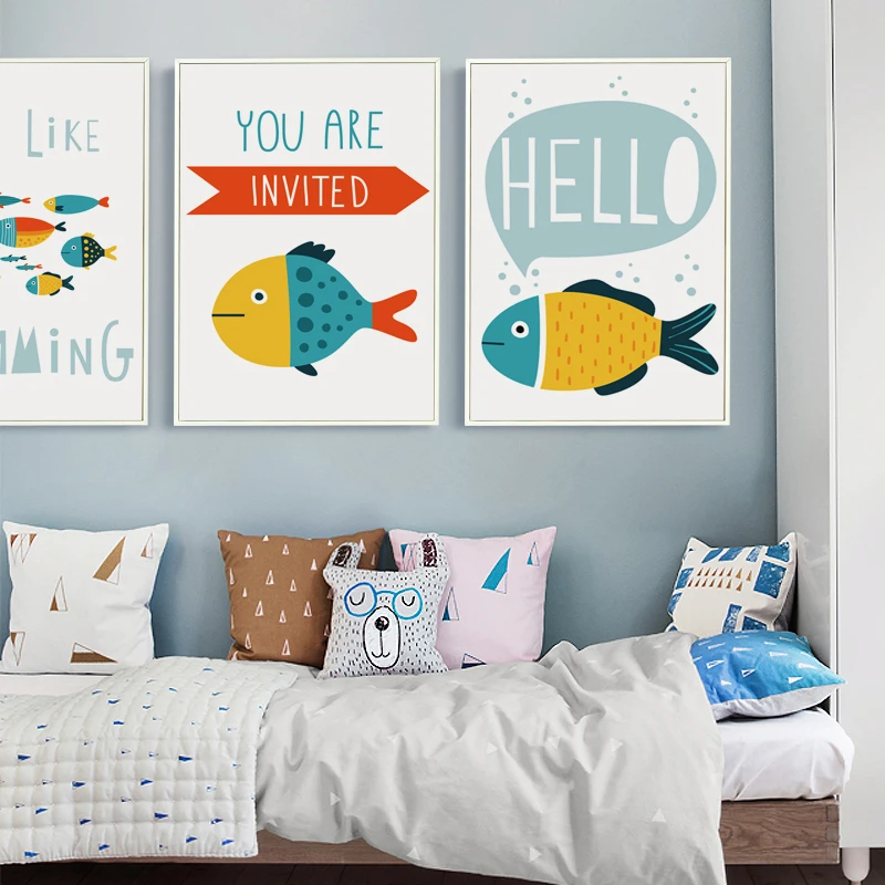 07G-Simple-Abstract-Cartoon-Ocean-Fish-English-A4-Canvas-Art-Painting-Print-Poster-Picture-Wall-Child