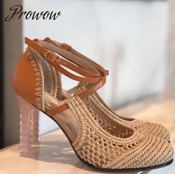 

New2020 New Knitted Hollow Out Autumn Fashion Pumps Clear Spiral Heels Ankle Strap Runway Pumps Shoes Ladies