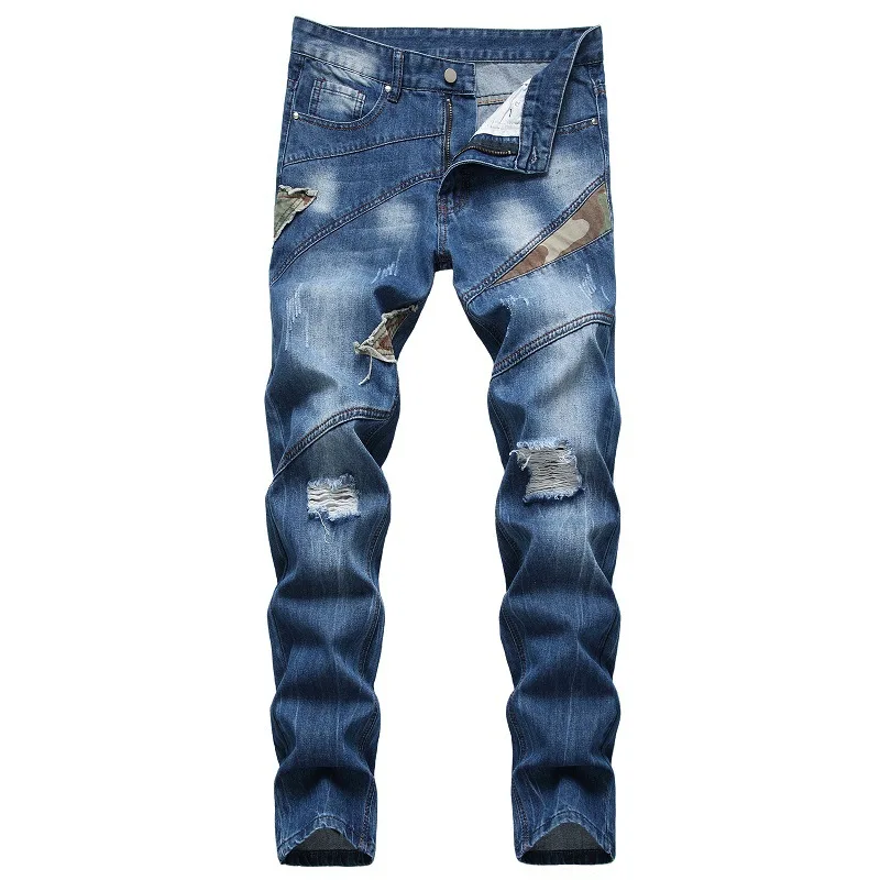 2020 Ripped Patchwork Jeans Men Slim Fit Light Blue Fashion Distressed Trousers Casual Pants Male Moto Bike Denim Jeans homme