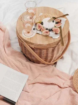 

Wicker Picnic Basket with Wooden Removable Lid Rattan Storage Bag Box Hamper Shopping with Handle Insulated Interior Zip Close