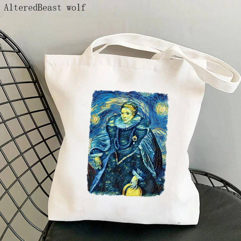 Women Shopper bag Queen Elizabeth Van Gogh Style Sticker freddie mercury Bag Harajuku Shopping handbag Tote Shoulder Lady Bag