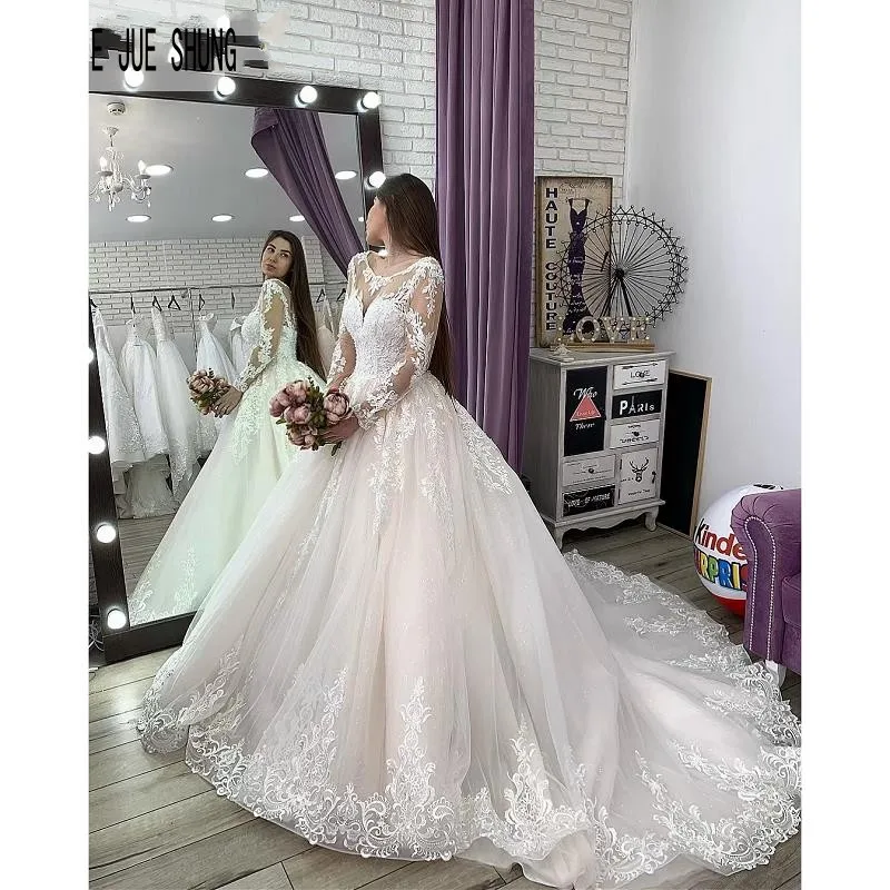 E JUE SHUNG Robe De Mariee, бальное платье, свадебные платья, длинные рукава, круглый вырез, Кружевная аппликация, свадебное платье на шнуровке, свадебные платья