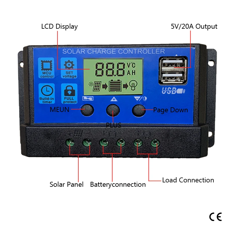 Контроллер заряда PWM блок управления установкой на солнечной батарее Панель PV регулятор ЖК-дисплей Dual USB 5V Выход, 30A/20A/10A 12V 24V