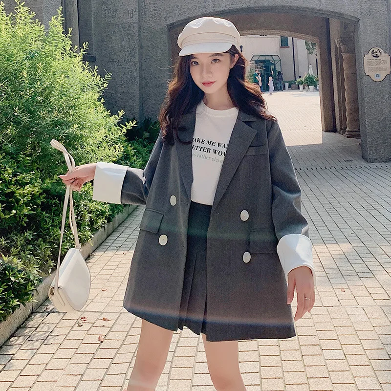 

Photo Shoot INS Korean-style Online Celebrity Gray Loose-Fit Double Breasted Small Suit A- line Pleated Skirt Two-Piece Set Fema