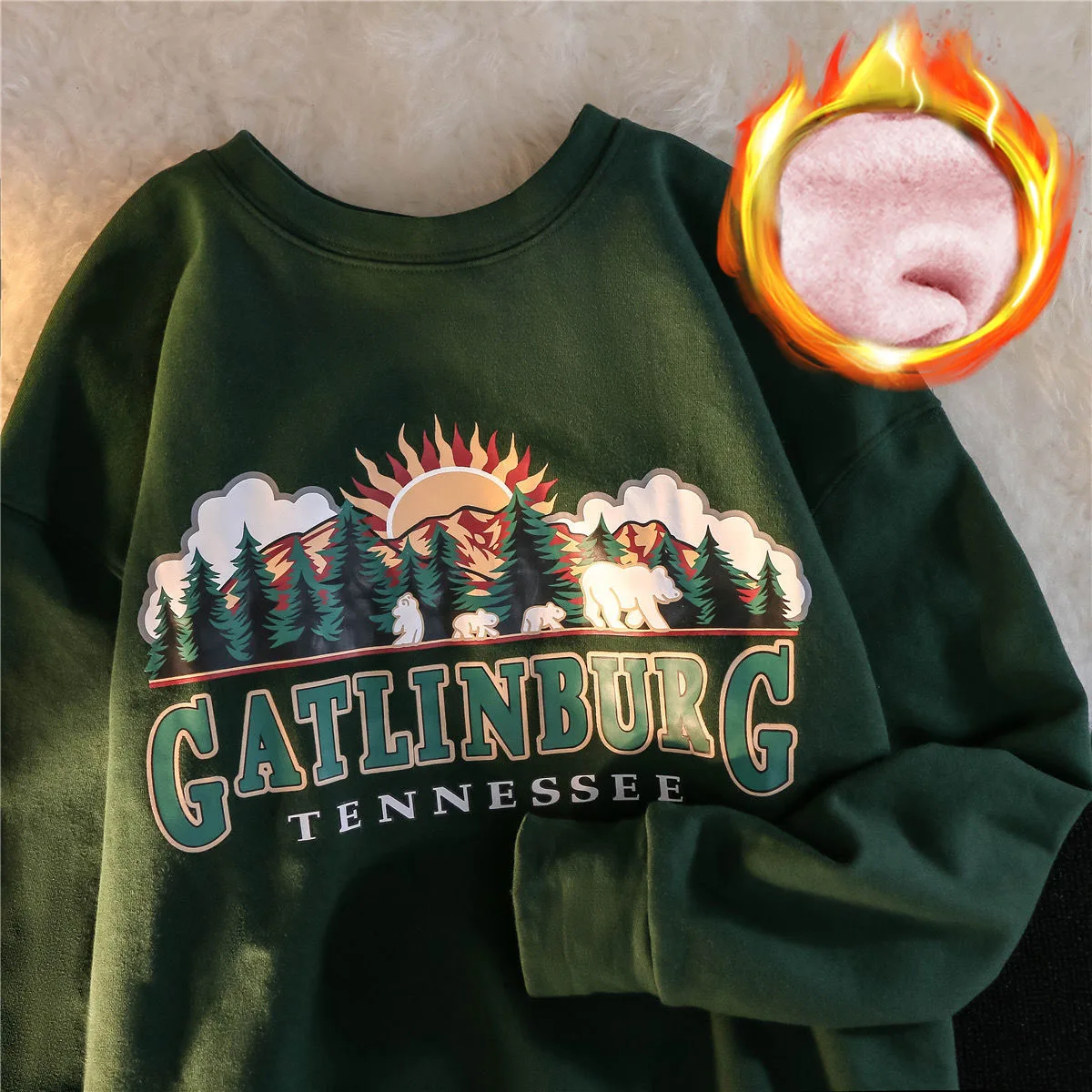 

Vintage Hoodies Oversized Winter Velvet Thick Forest Print Women Sweatshirt Crewneck Long Sleeve Tops Dark Green Loose Plus Size