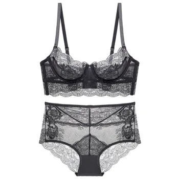 

2020 French Sexy Lace Ultra-Thin Black Gray Wine Red Bra Set Girl's Bra Embroidery Gather Plus Size Underwear Pink Bra Set