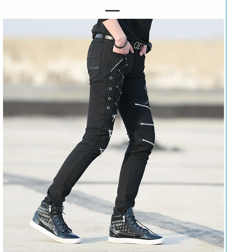 Idopy Fashion Slim Fit Pants Punk Style Black Patchwork Leather Zippers Dance Night Club Gothic Cool Jeans Trousers For Men