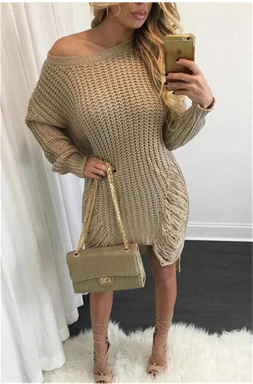 

Holes Womens Long Sweaters Knit Long Sleeve O Neck Loose Ladies Sweaters Causal Femme Tops