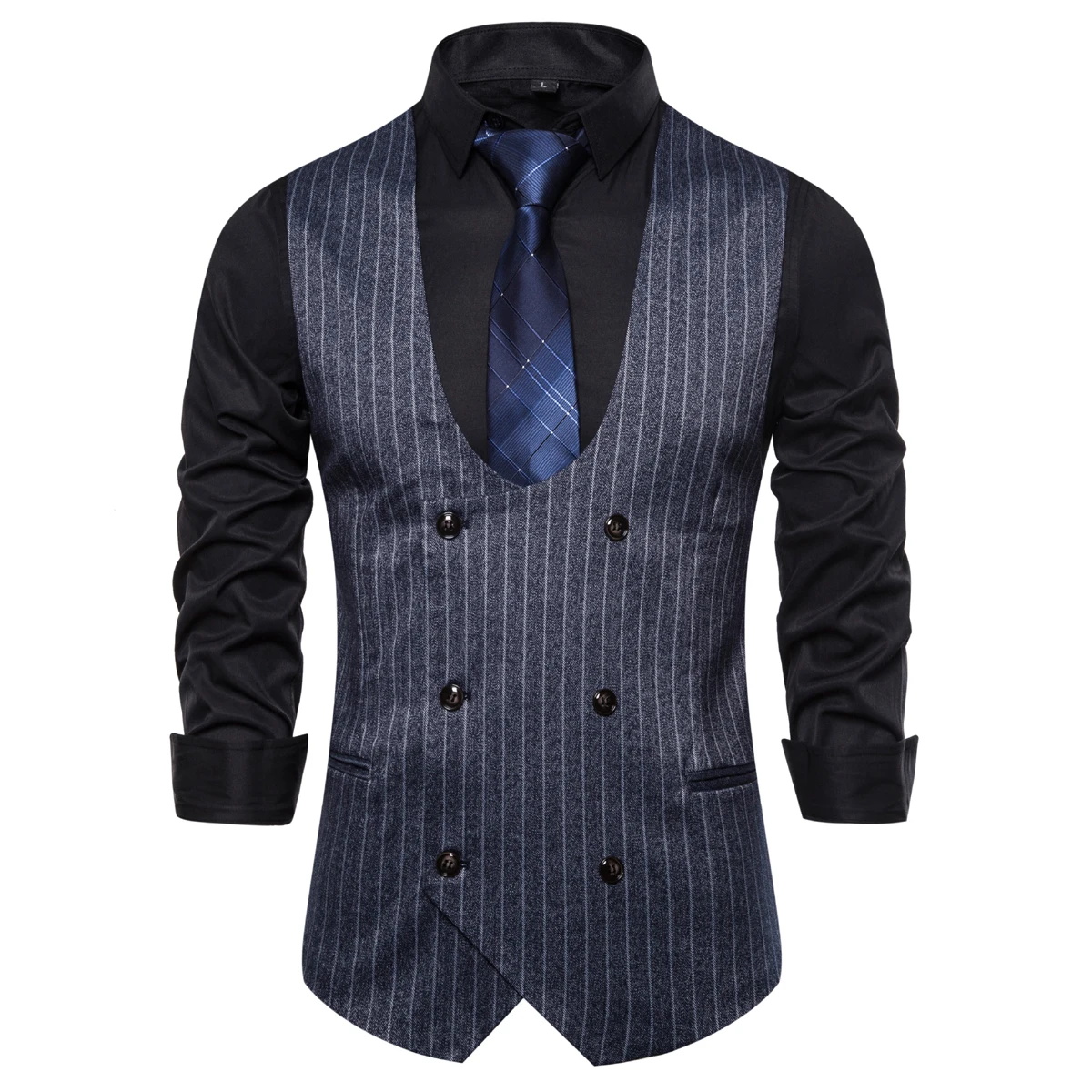 Брендовый костюм в английском стиле, жилет г., модный двубортный жилет с u-образным вырезом облегающая полосатая жилетка для свадьбы Chalecos Para Hombre - Цвет: Navy Suit Vest