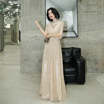 

Exquisite Women Champagne Formal Party Gown Sexy V-neck Qipao Elegant Cheongsam 2020 New Bling Sequins Vestidos De Festa