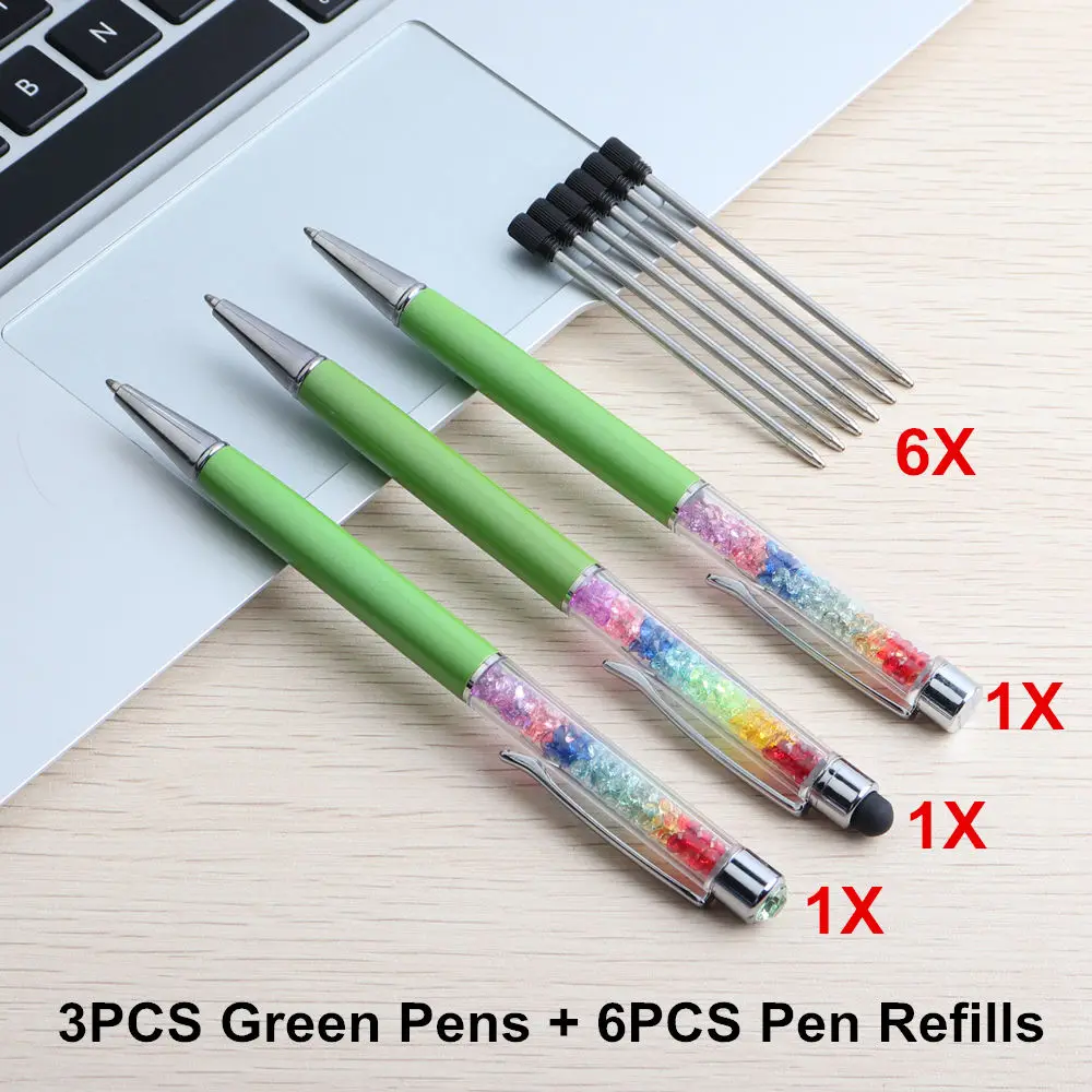 9 шт./лот, цветная кристальная ручка Rainrow, алмазная сенсорная ручка, офисные школьные принадлежности, ручки, карандаши, шариковые ручки, перо 0,7 мм - Цвет: 9PCS Green  Set
