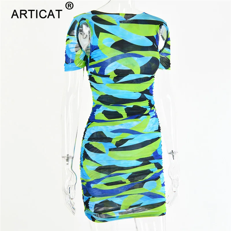 Articat Print Hollow Out Ruched Dress For Women O Neck Short Sleeve Bodycon Mini Dress Ladies Streetwear Elegant Party Vestidos