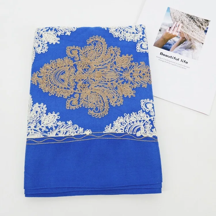 Роскошный брендовый толстый зимний шарф для женщин, теплый кашемировый шарф с алмазной вышивкой, Цветочная шалевая накидка с бахромой в виде кисточек, одеяло, хиджаб, шарф из пашмины - Цвет: Sky Blue