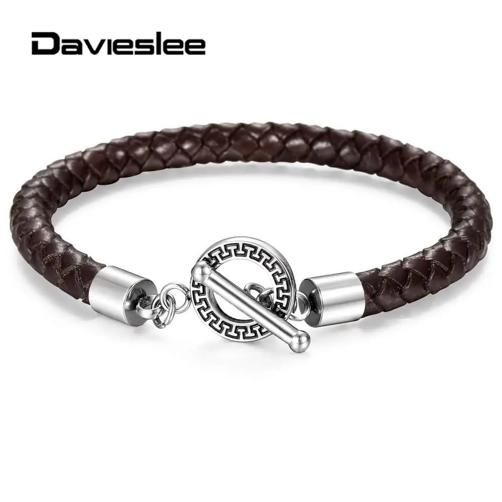 Davieslee 6mm Leather Bracelet for Men Boy White Black Brown Genuine Weaved Rope Unique Toggle Clasp Bangle 8.5 " TBL005 | Украшения и