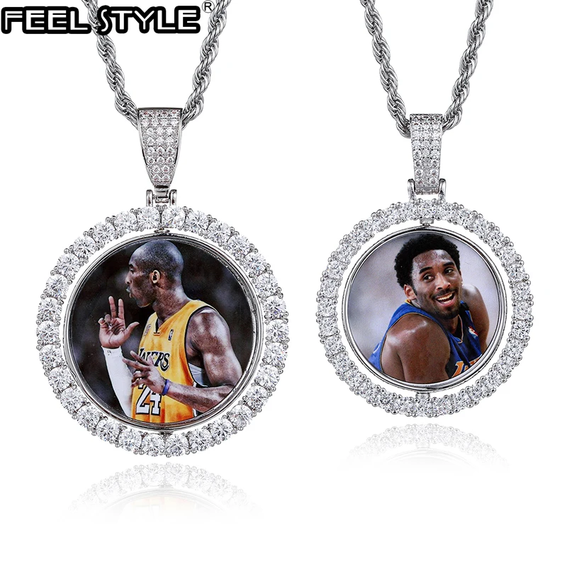 

Hip Hop Custom Made Photo Round Rotating Double-sided Iced Out Bling Cubic Zircon Necklace&Pendant For Men Jewelry Tennis Chain