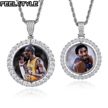 

Hip Hop Custom Made Photo Round Rotating Double-sided Iced Out Bling Cubic Zircon Necklace&Pendant For Men Jewelry Tennis Chain