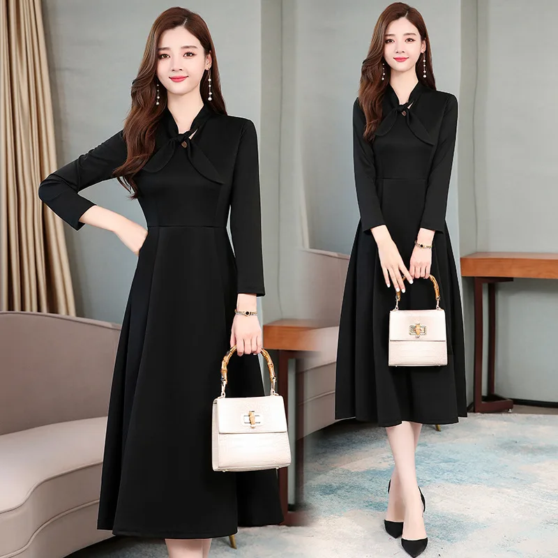 

Photo Shoot 2020 Spring New Style Black And White with Pattern Long Skirts Slim Fit Slimming Bow by Age Middle-aged Women Dress
