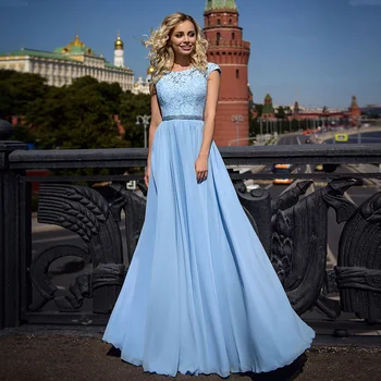 

Cheap Chiffon Evening Gowns Cap Sleeve Scoop Neck Top Lace Beading Belt A-line Long Party Dresses Backless Evening Dress