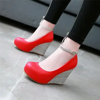 

Dilalula Popular Spring Autumn Gingham Women Pumps Size 43 Comfortable Ankle Strap High Wedges Weddping Party Pumps Shoes Woman