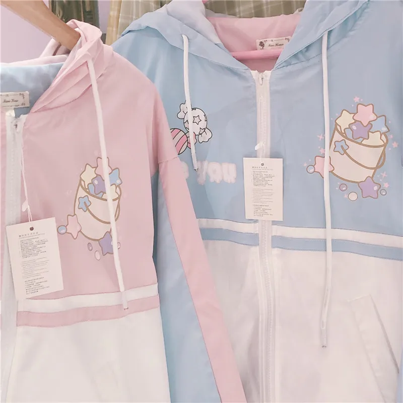 Harajuku Mori Girl Лоскутная Свободная куртка на молнии с мультяшным принтом осеннее