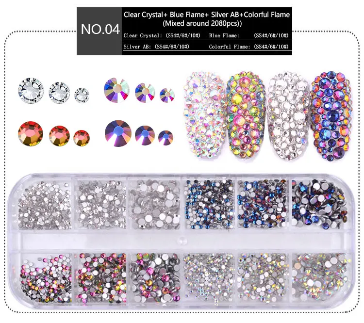 BAYDE 1 Box Flatback Glass Nail Rhinestones Mixed Sizes AB Crystal Strass  3D Charm Gems DIY Manicure Nail Art Decorations Nail Stones and Gems