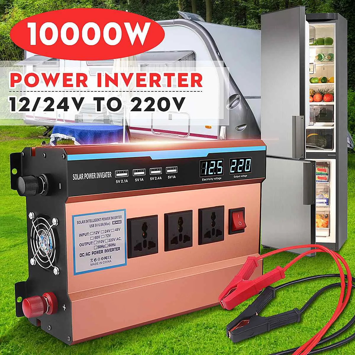 Carregador de Potência do Carro 24v para 220v Inversor Solar Casa Transformador Tensão Conversor Display Led 4 Porta Usb 12v – 10000w