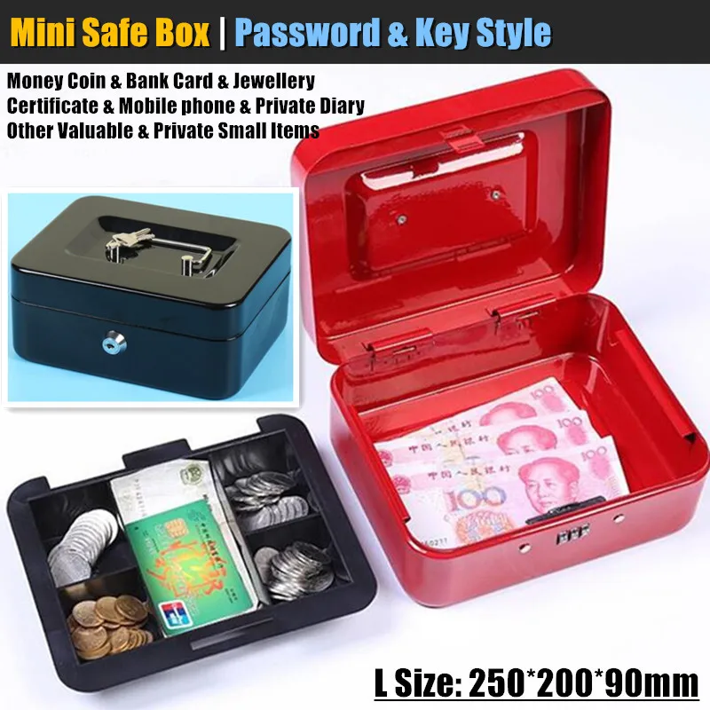 L:25x20cm Metal Mini Safe Box Hidden Secret Safe Key Lock Money Coin Bank Card Jewellery Private Diary Storage Password Locker