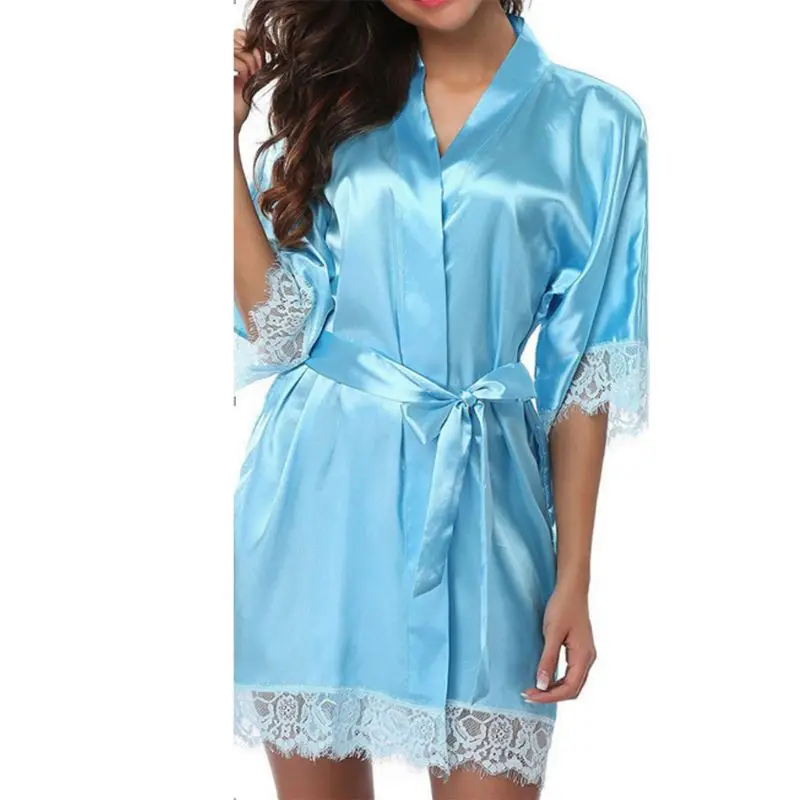 Женская Летняя шелковая ночная рубашка с коротким рукавом, сексуальное кружево с ресничками, лоскутное Короткое Кимоно, халат, однотонная Пижама с поясом с карманами - Цвет: LB