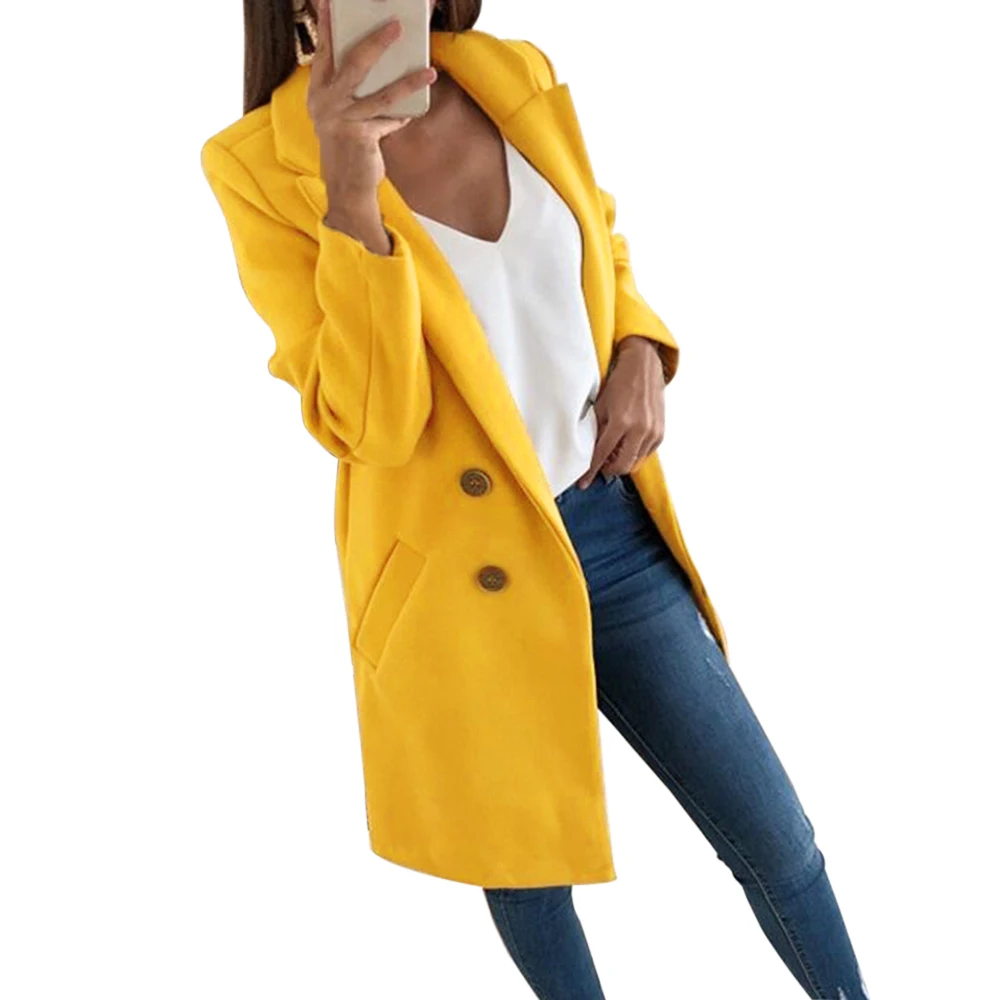 Fashion Autumn Long Coat Women Turn Down Collar Solid Yellow Coat Casual Lady Slim Elegant Blends Outerwear Clothes - Цвет: yellow