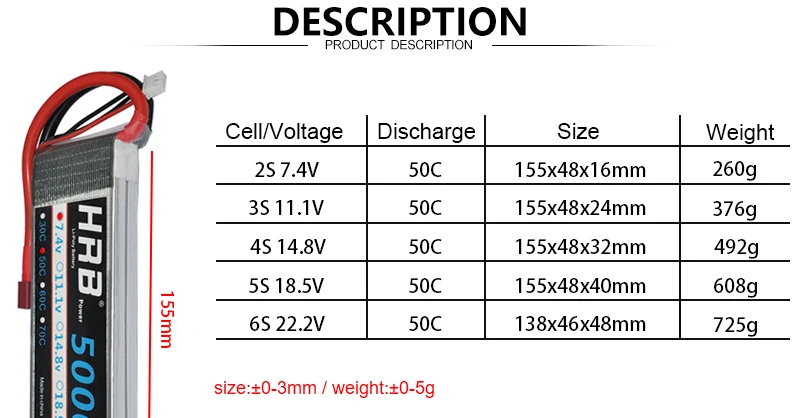 HRB 2S 3S 4S Lipo Battery, XT60 50C Deans EC5 T 5S 6S 14.8V