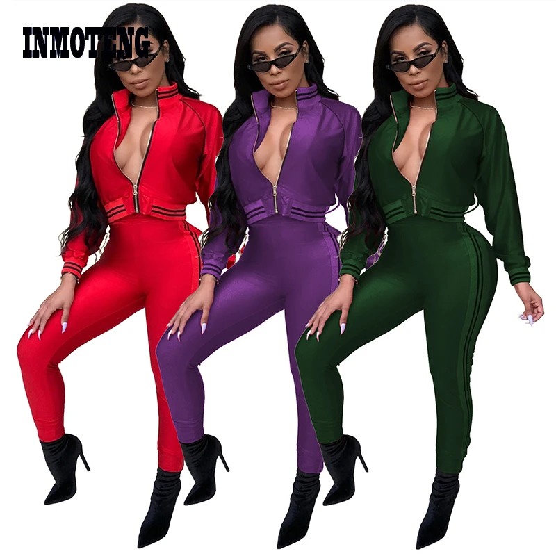 

Plus Size 2 Two Piece Set Tracksuit Women Red/Purple Front Zip Long Sleeve Top Long Skinny Pants Striped Jumpsuit Outfits