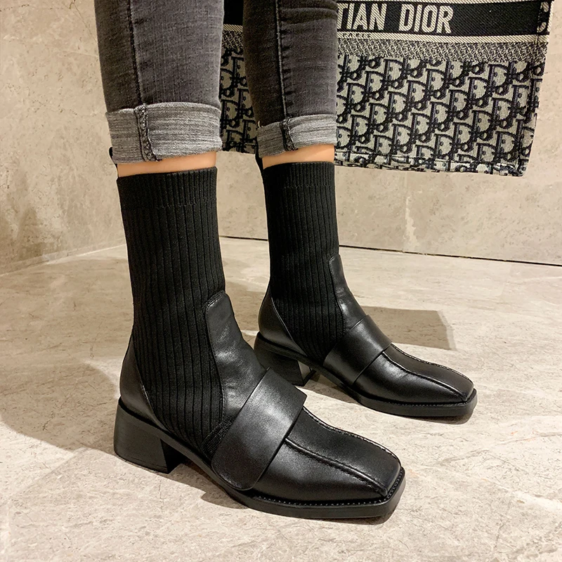 Шикарные зимние сапоги; женские кожаные носки; Botas Mujer; коллекция года; ботильоны для женщин без застежки; женская обувь на среднем каблуке; Bota Feminina