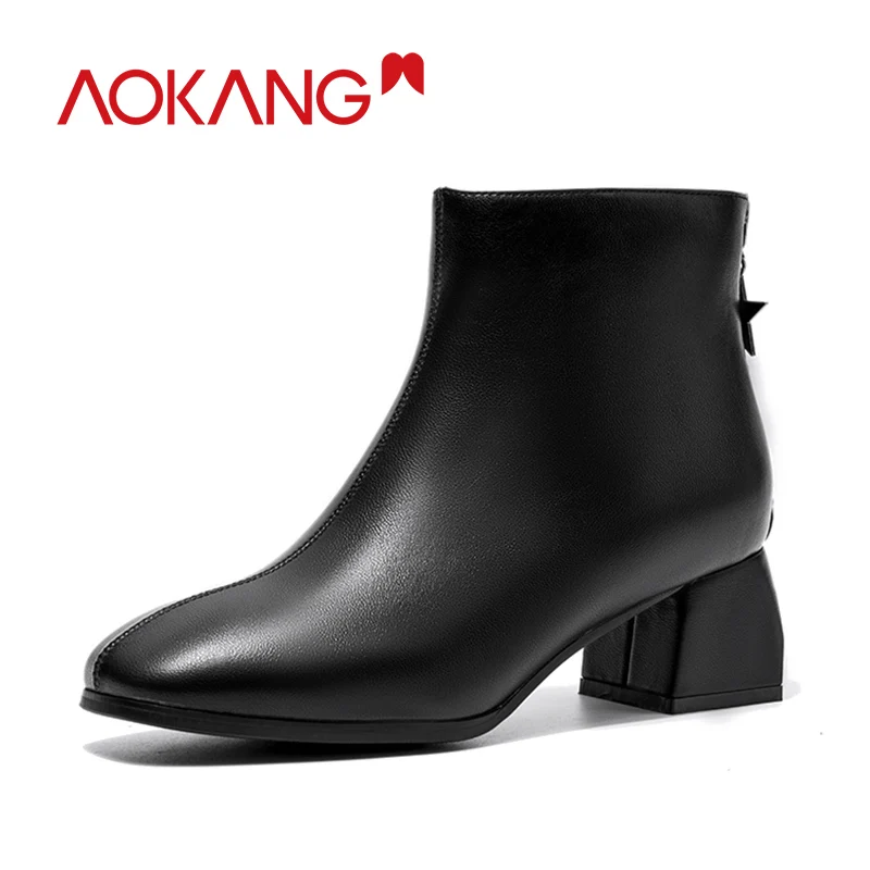 

AOKANG 2019 Boots Women in Ankle Boots High Heel Shoes Woman Fashion Leather Pointed toe Gladiator Black Boots Women