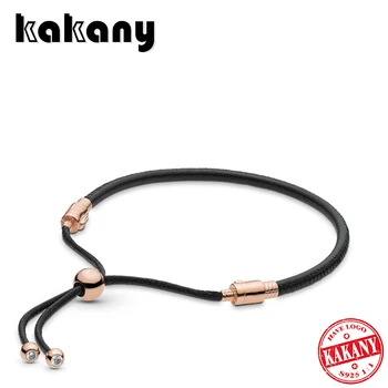 

Kakany Original 1:1 High Quality 925 Sterling Silver Rose Black Leather Sliding Bracelet Fashion Women's Fashion Jewelry Gift