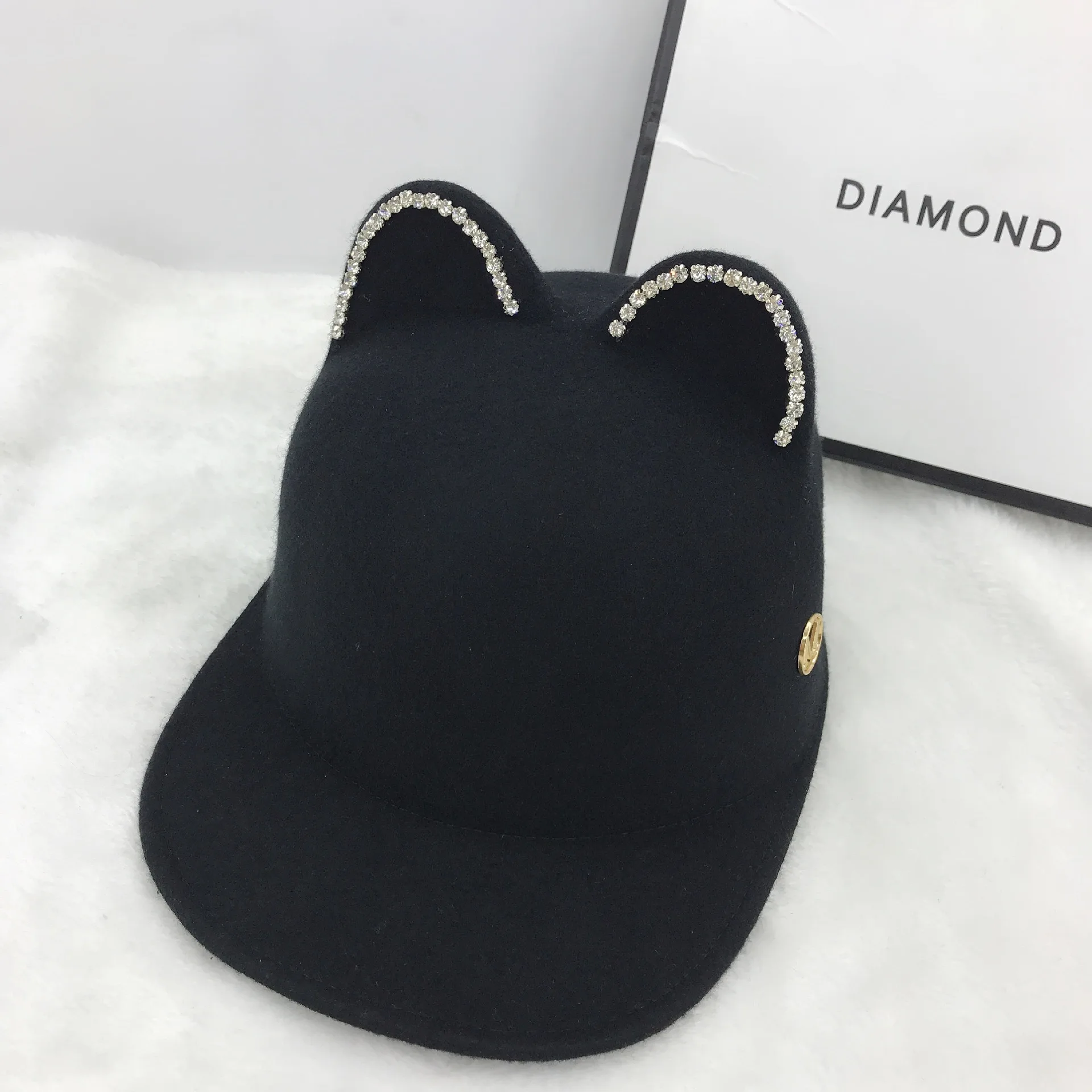 

Wool Hat Lettered Light Diamond Demon Cat Ear Equestrian Hat Autumn And Winter Bowler Hat Fashion Korean-style Stereo Brim Hat