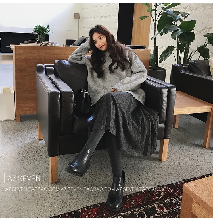 Женская юбка в складки свободные Chic корейский стиль Осень, Зима сплошной Для женщин s удобные простые универсальные Высокая талия на каждый день