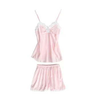 

Pajamas Summer Women Sexy Simulation Silk Sleeveless Casual Thin Sling V-neck Two-piece Home Service Charming Polyester Suit