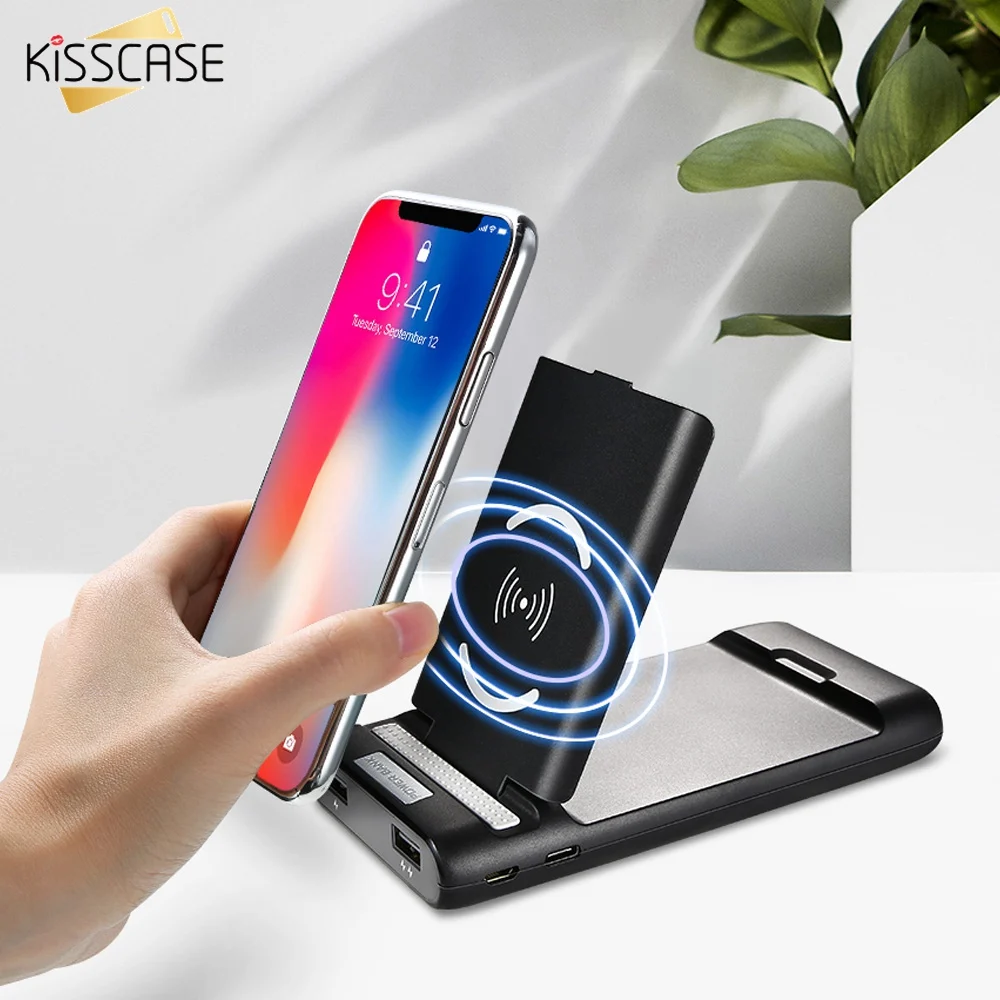 

KISSCASE 3 in1 10000 mAh Power Bank Phone Dual USB Wireless Charger Desk Phone Holder Stand For iPhone Samsung For Xiaomi Huawei