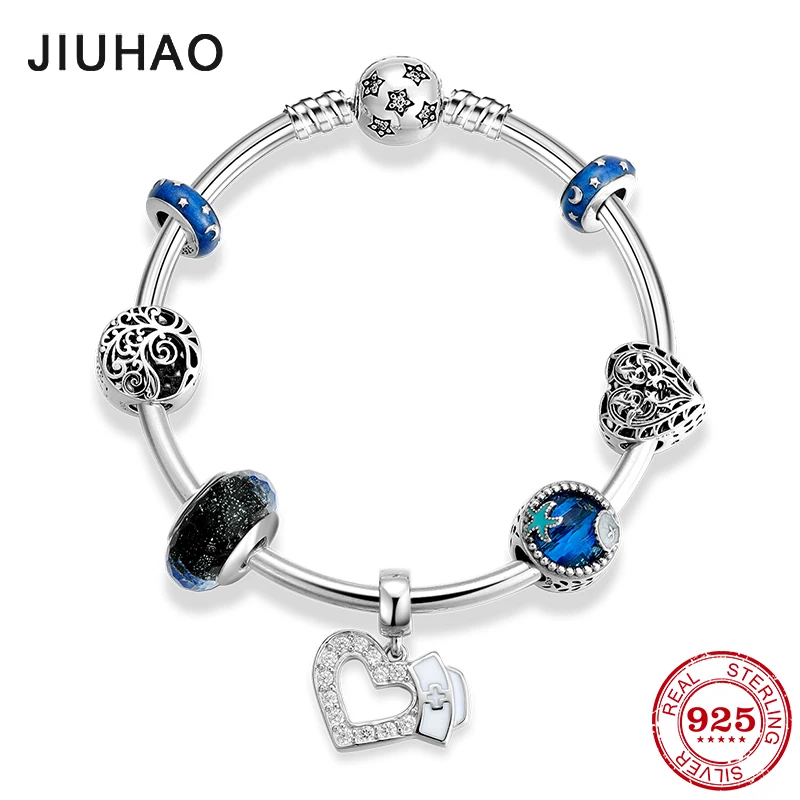 

New 925 Sterling Silver Nurse hat hearts pendant Bead star Bracelets diy for fashion Flower jewelry womens Gift Bracelet