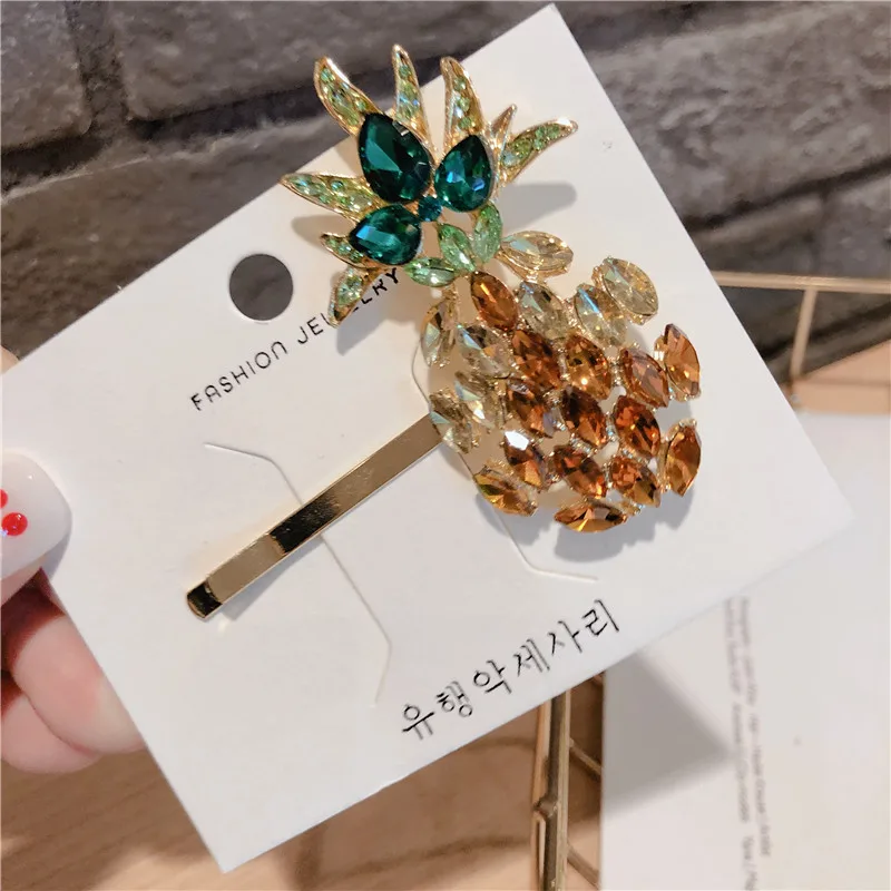 Korea Fashion Women Hair Pin Cute Color Rhinestone Pineapple Geometric Hollow Hair Clips for Girl Hair Jewelry Accessories - Окраска металла: 5
