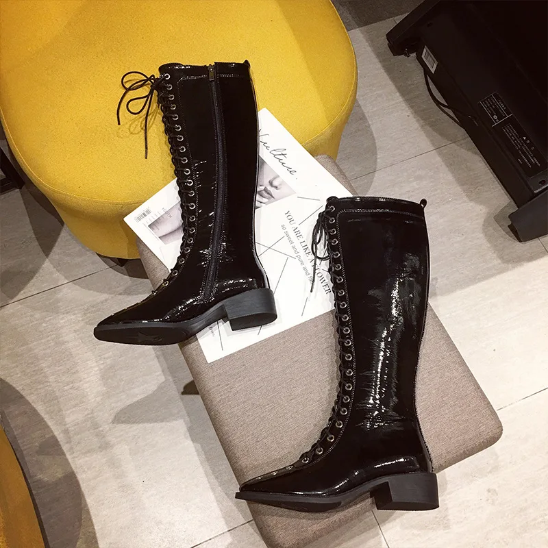

2019 Autumn And Winter New Style Patent Leather Boots Online Celebrity Slimming Lace up Front Boots Women's Chunky-Heel Europe A