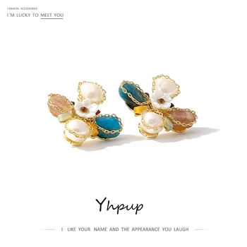 

Yhpup Luxury Natural Stone Natural Pearls Stud Earrings Exquisite Shell Flower Bride Jewelry Accessories for Women Lovers Gift