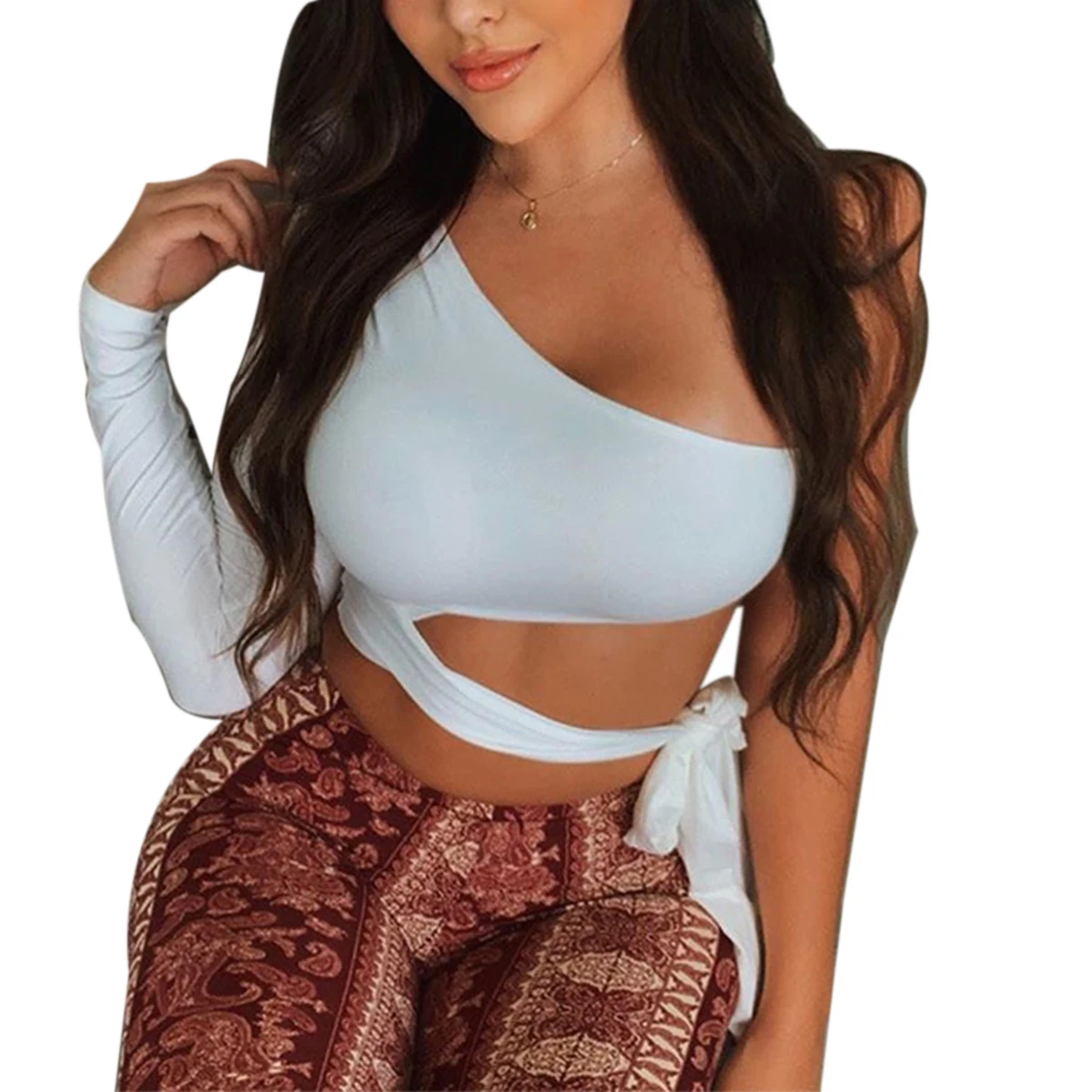 2020 Hot One Shoulder Solid Crop Top Women's Solid Sexy Backless One Shoulder Crop Tops Cut-Out Cropped Feminino Tops Streetwear