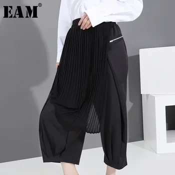 

[EAM] High Elastic Waist Black Pleated Chiffon Wide Leg Trousers New Loose Fit Pants Women Fashion Tide Spring Autumn 2020 1T353