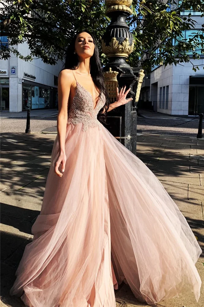 Vestido Formatura, платья на тонких бретельках для выпускного вечера, длинные тюлевые кружевные аппликации из бисера, Vestidos De Gala, платье с Боковым Разрезом
