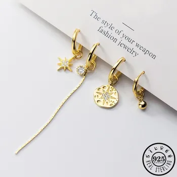 

925 Sterling Silver Asymmetrical Zircon Round Star Shape Hoops Earrings Gold Color Long Tassel Chain Ear Rings Jewelry for Women