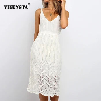 

Sexy Deep V-neck Sleeveless Knitted Dress Women 2020 Fashion Elastic High Waist Lace Party Dress Casual Sling Summer Beach Dress