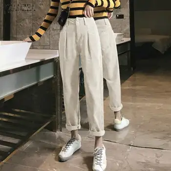 

Elegant Women's Corduroy Pants ZANZEA 2020 Casual High Waist Long Trousers Female Button Zipper Pantalon Plus Size Solid Turnip