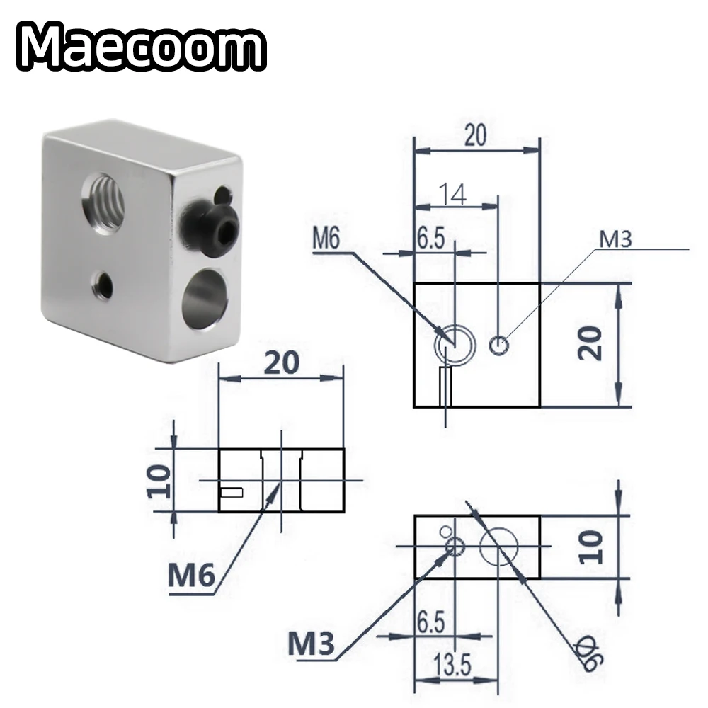 MK7 MK8 알루미늄 히터 블록, 인쇄 헤드 핫 엔드 히팅 블록, 3D 프린터 Anet a6 a8 i3, 20x20x10mm, 20x20x10mm