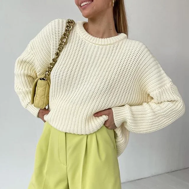 Women Solid Knitted Thickening Oversized Sweater Female Round Neck Long Sleeve Casual Loose Pullovers Top 2021 Autumn Winter Beige